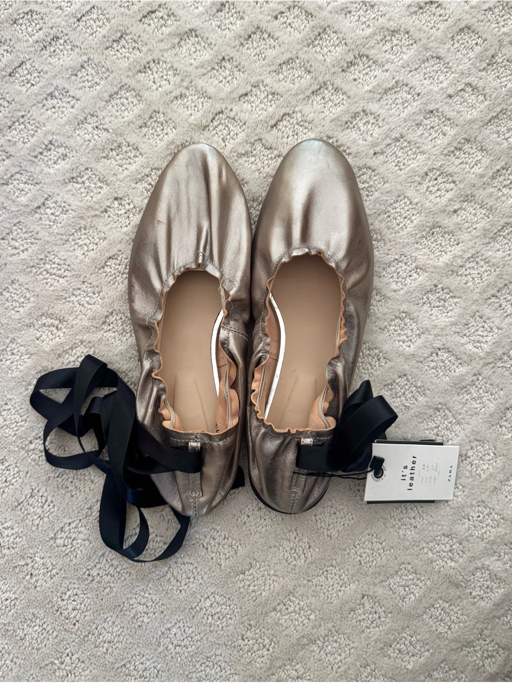 Zara Metallic silver Ballet Flats with Black Ribbon Tie- pre loved used once